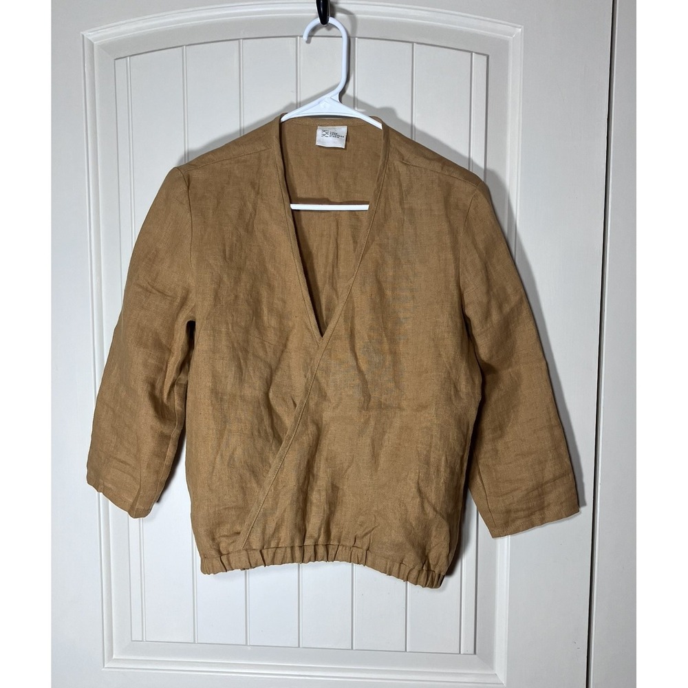 Women's Tan Wrap-Front Linen Blouse